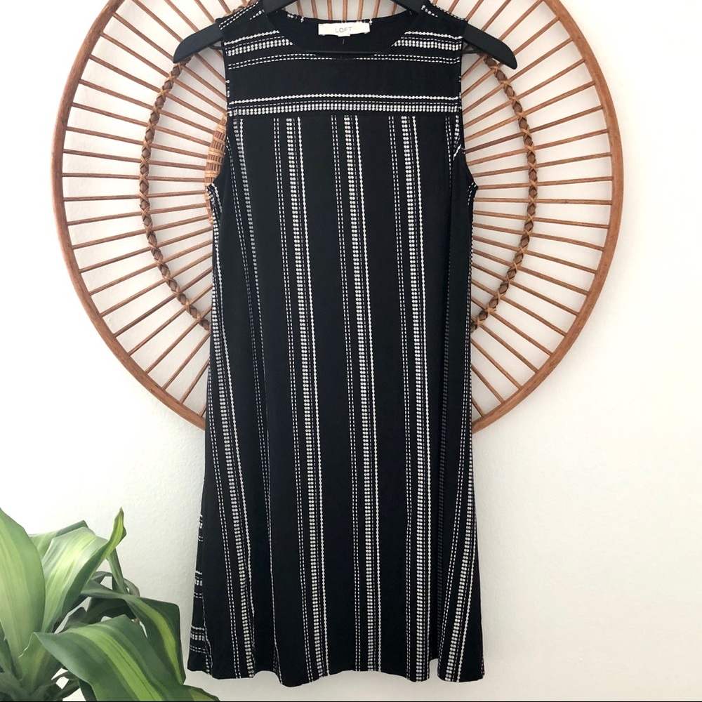 LOFT Black Swing Dress with Cream Embroidery